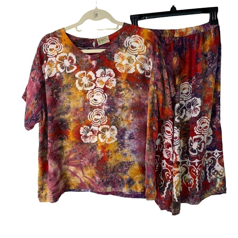 Lady Cactus Womens Shorts Top Set Size Medium M Vintage Batik Print Bohemian